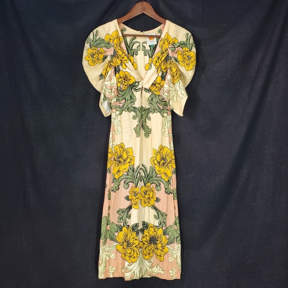 ✅ Farm Rio Linen Floral Arabesque Puff Sleeve Midi Dress – XSmall - Picture 10 of 16